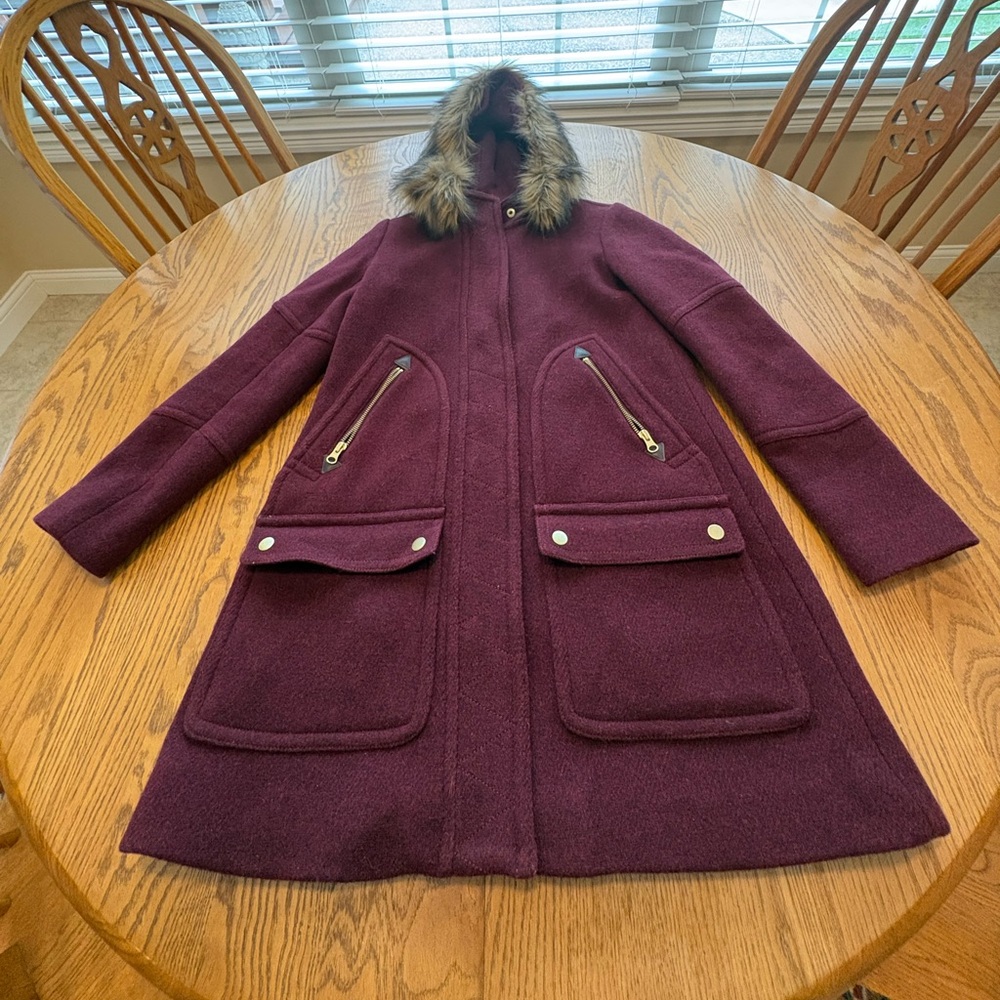 J Crew Chateau Parka Nello Gori Stadium-Cloth Wool Burgundy Size 00 Fur Trim